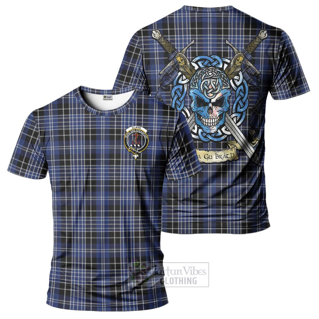 Tartan Vibes Clothing Clark (Clarke) Tartan T-Shirt with Family Crest Celtic Skull Style