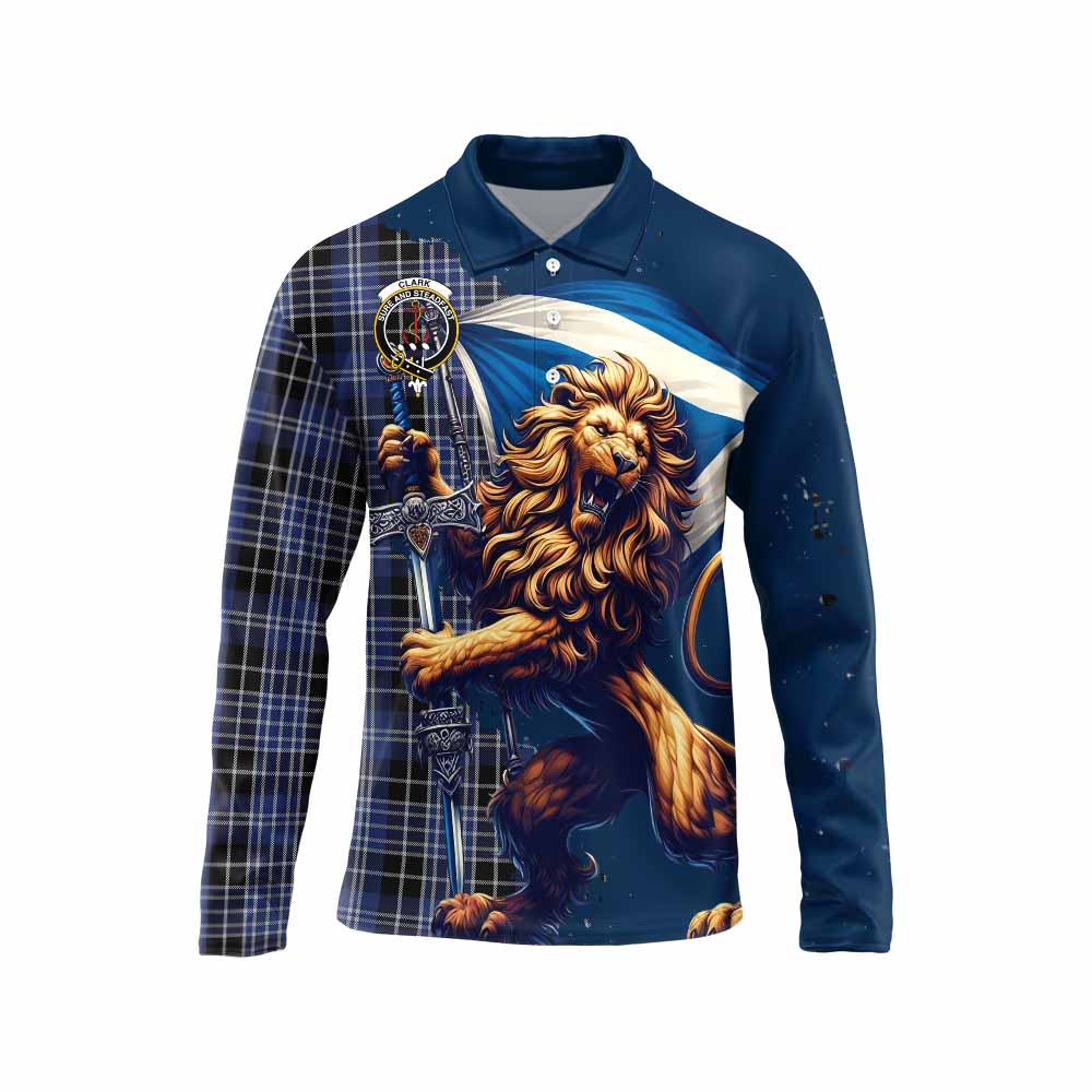 Tartan Vibes Clothing Clark (Clarke) Tartan Family Crest Long Sleeve Polo Shirt with Scottish Majestic Lion