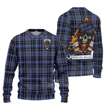 Clark (Clarke) Tartan Ugly Sweater with Family Crest and Bearded Skull Holding Bottles of Whiskey