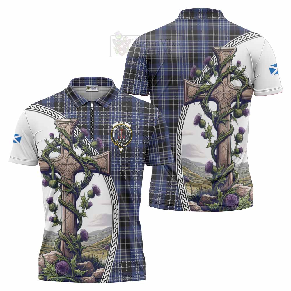 Tartan Vibes Clothing Clark (Clarke) Tartan Zipper Polo Shirt with Family Crest and St. Andrew's Cross Accented by Thistle Vines