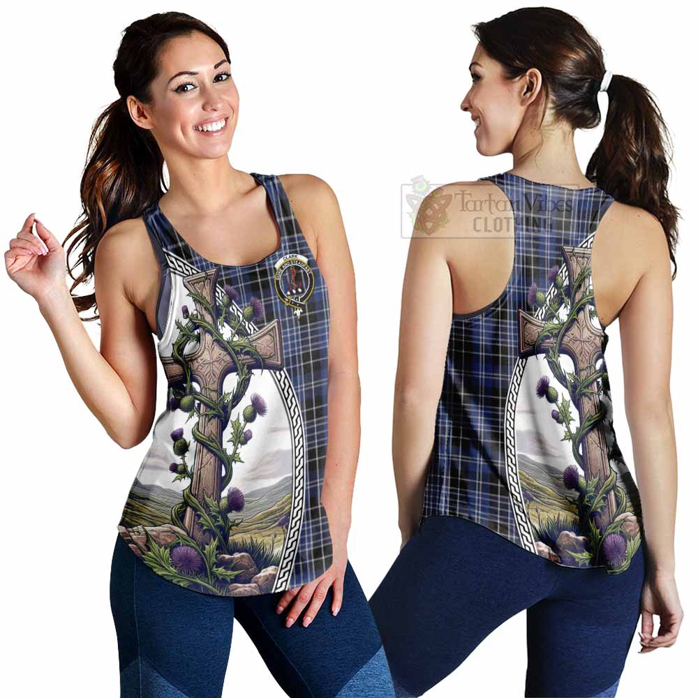 Tartan Vibes Clothing Clark (Clarke) Tartan Women's Racerback Tanks with Family Crest and St. Andrew's Cross Accented by Thistle Vines