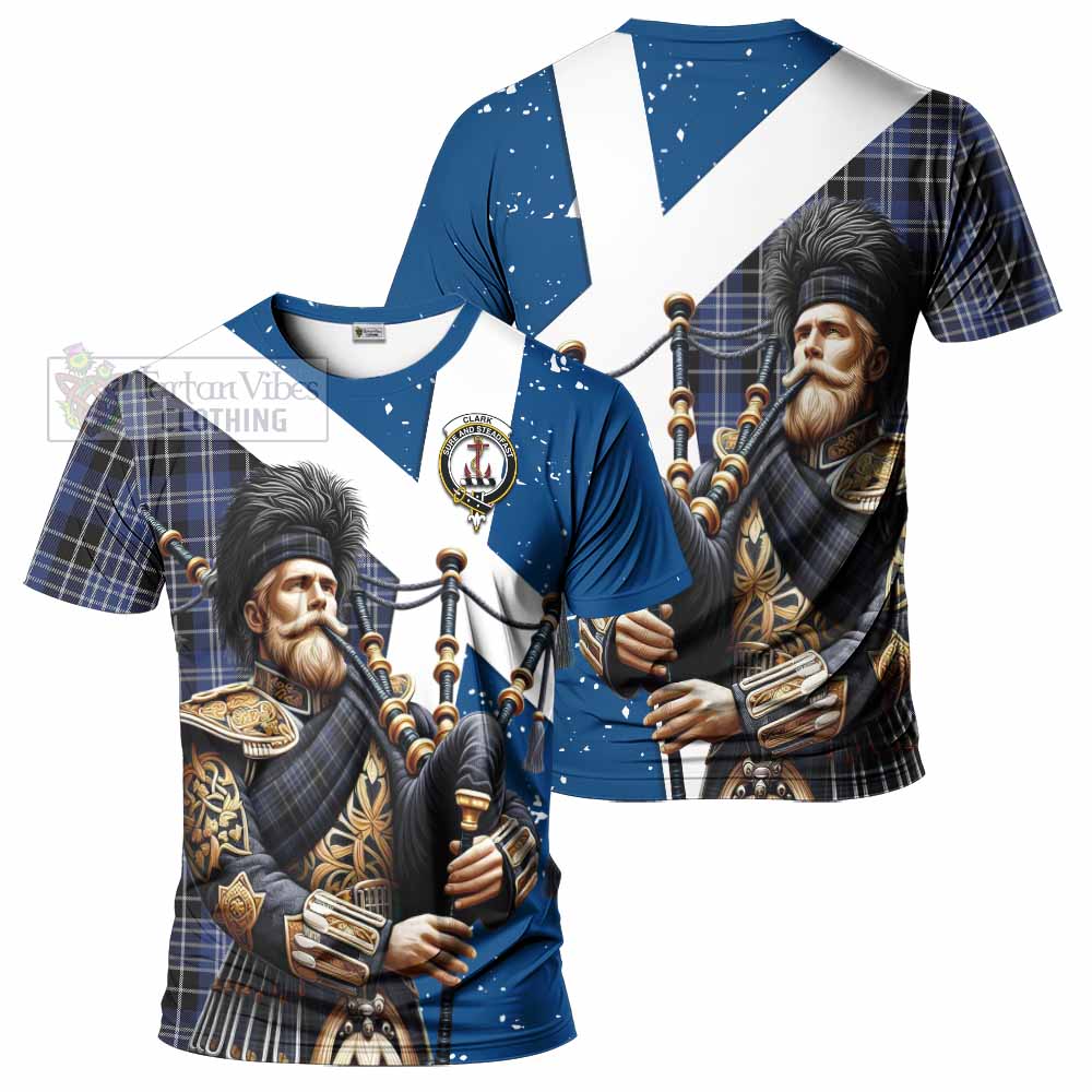 Tartan Vibes Clothing Clark (Clarke) Tartan T-Shirt with Family Crest Scottish Bagpiper Vibes