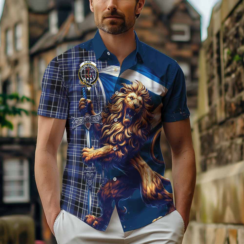 Tartan Vibes Clothing Clark (Clarke) Tartan Family Crest Short Sleeve Button Shirt with Scottish Majestic Lion