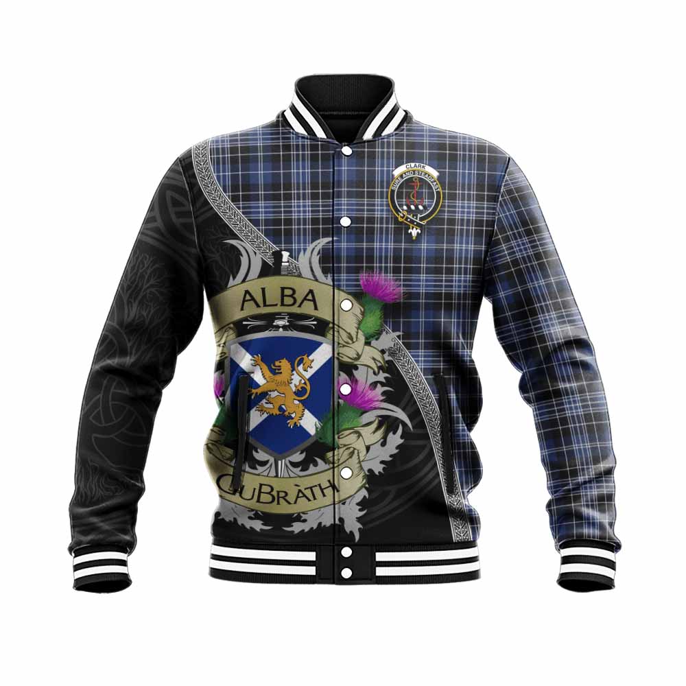 Clark (Clarke) Tartan Family Crest Baseball Jacket Lion Rampant Royal Thistle Shield Celtic Inspired Unisex - Tartan Vibes Clothing