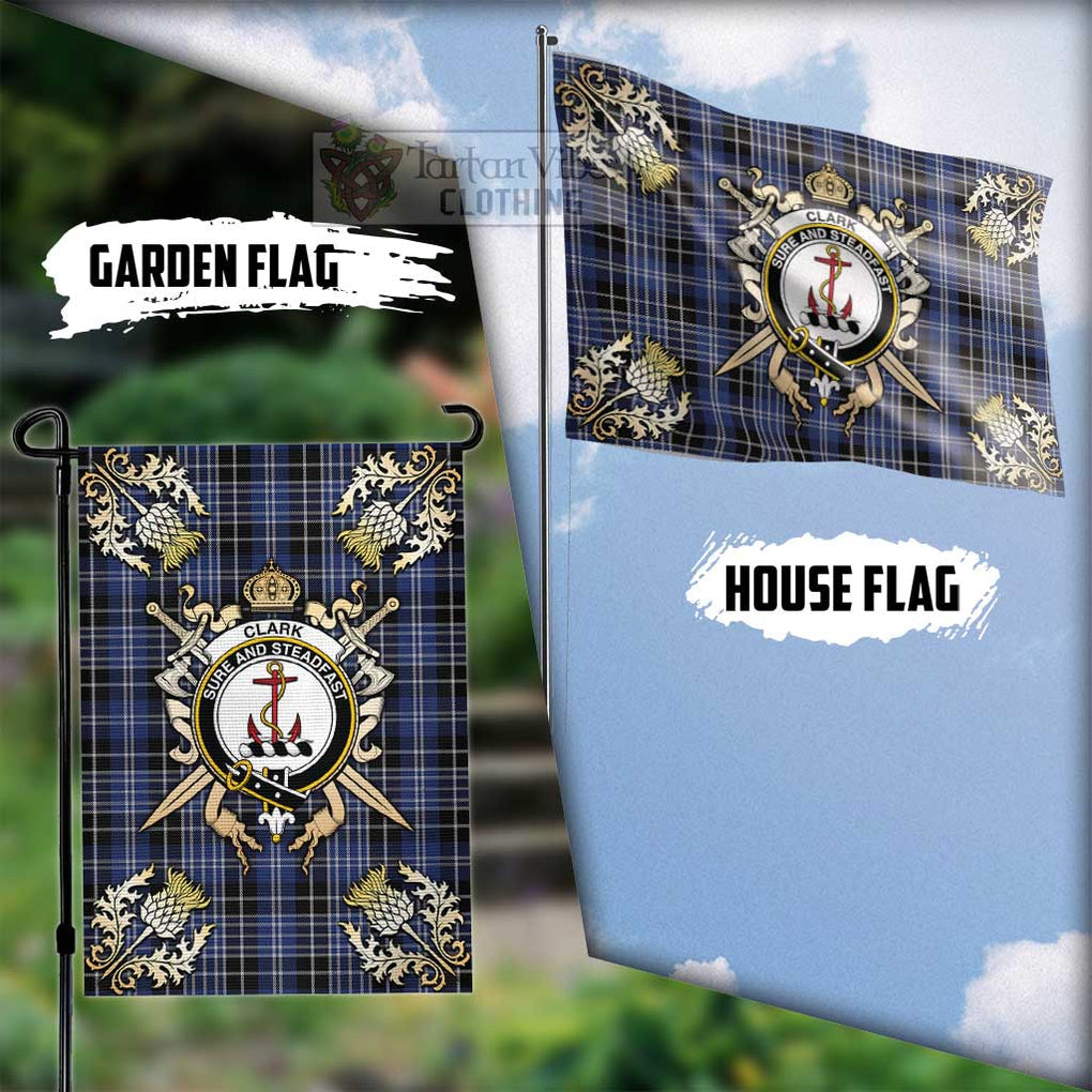 Tartan Vibes Clothing Clark (Clarke) Tartan Flag with Family Crest and Golden Thistle Crossed Sword Design