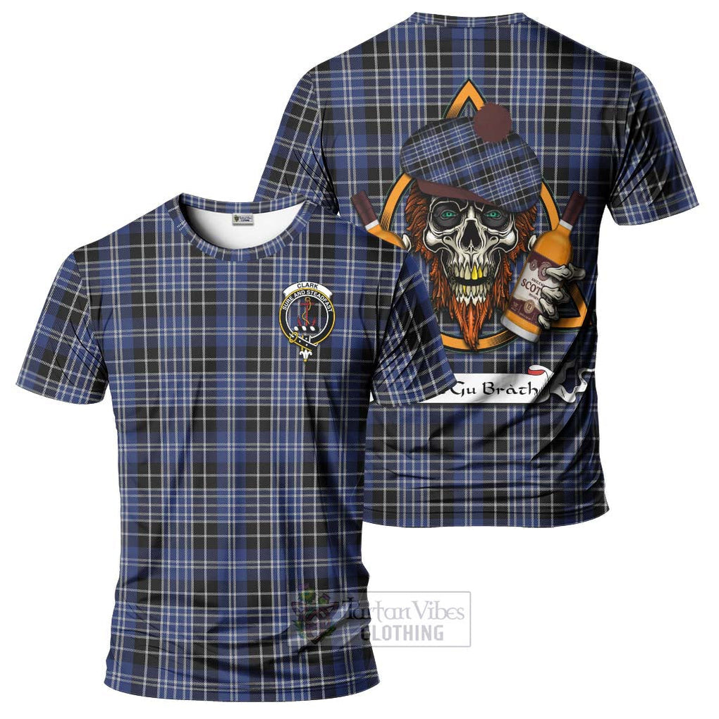 Tartan Vibes Clothing Clark (Clarke) Tartan T-Shirt with Family Crest and Bearded Skull Holding Bottles of Whiskey