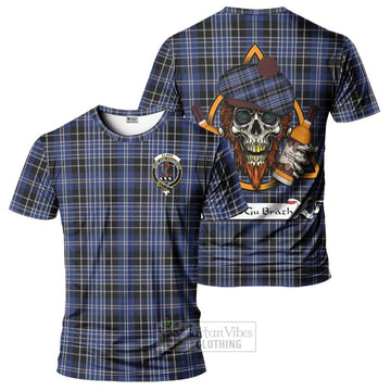 Clark (Clarke) Tartan T-Shirt with Family Crest and Bearded Skull Holding Bottles of Whiskey