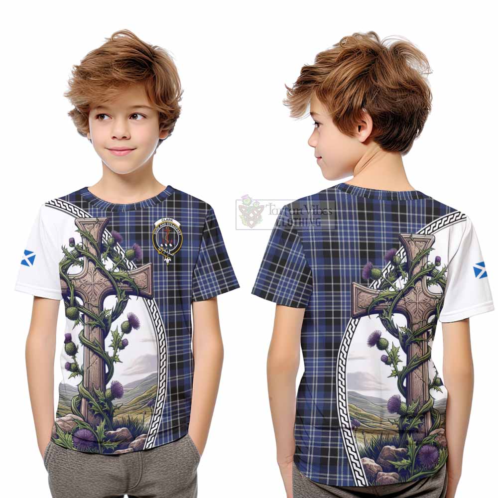 Tartan Vibes Clothing Clark (Clarke) Tartan Kid T-Shirt with Family Crest and St. Andrew's Cross Accented by Thistle Vines