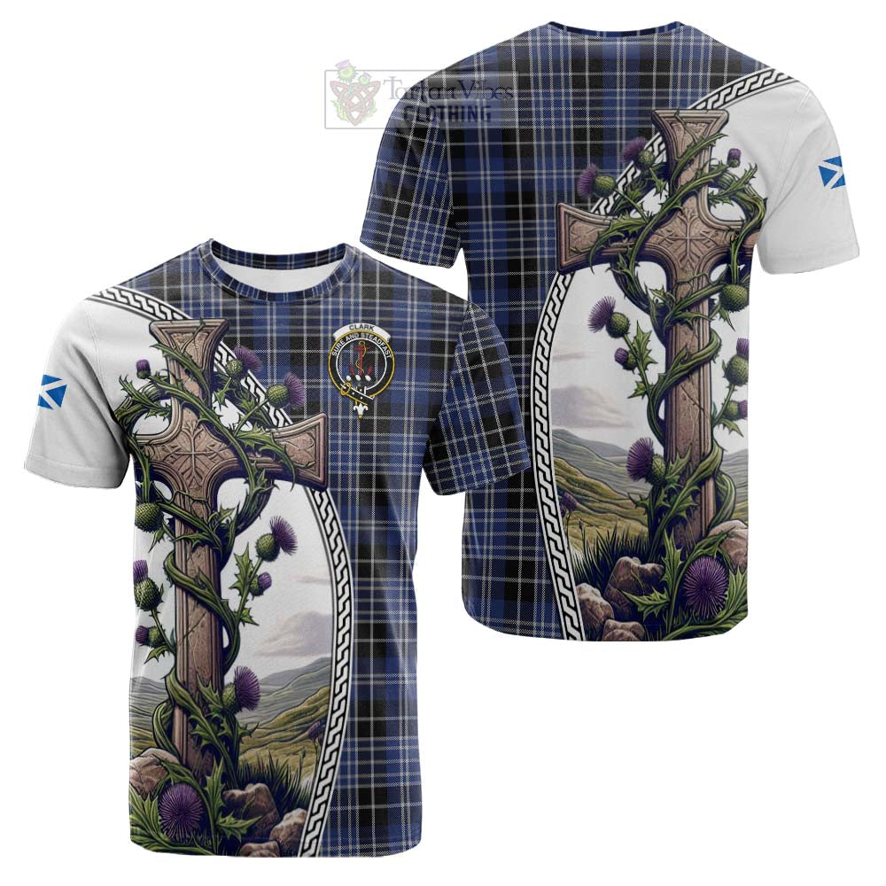 Tartan Vibes Clothing Clark (Clarke) Tartan Cotton T-shirt with Family Crest and St. Andrew's Cross Accented by Thistle Vines