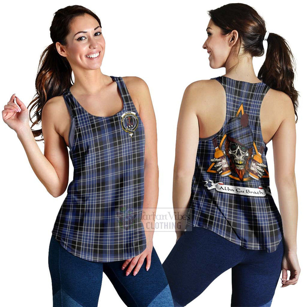 Tartan Vibes Clothing Clark (Clarke) Tartan Women's Racerback Tanks with Family Crest and Bearded Skull Holding Bottles of Whiskey