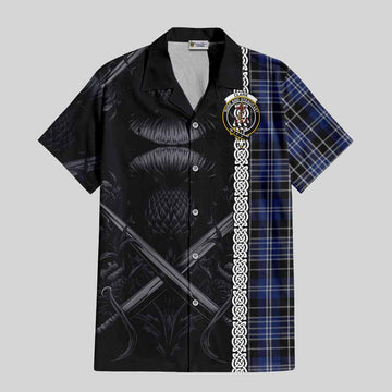 Clark (Clarke) Tartan Short Sleeve Button Shirt with Family Crest Cross Sword Thistle Celtic Vibes