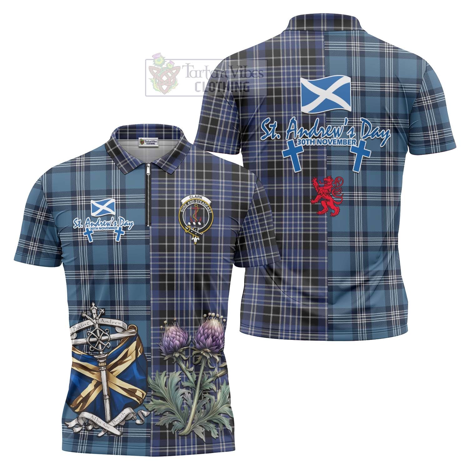 Tartan Vibes Clothing Clark (Clarke) Tartan Zipper Polo Shirt Happy St. Andrew's Day Half Tartan Style