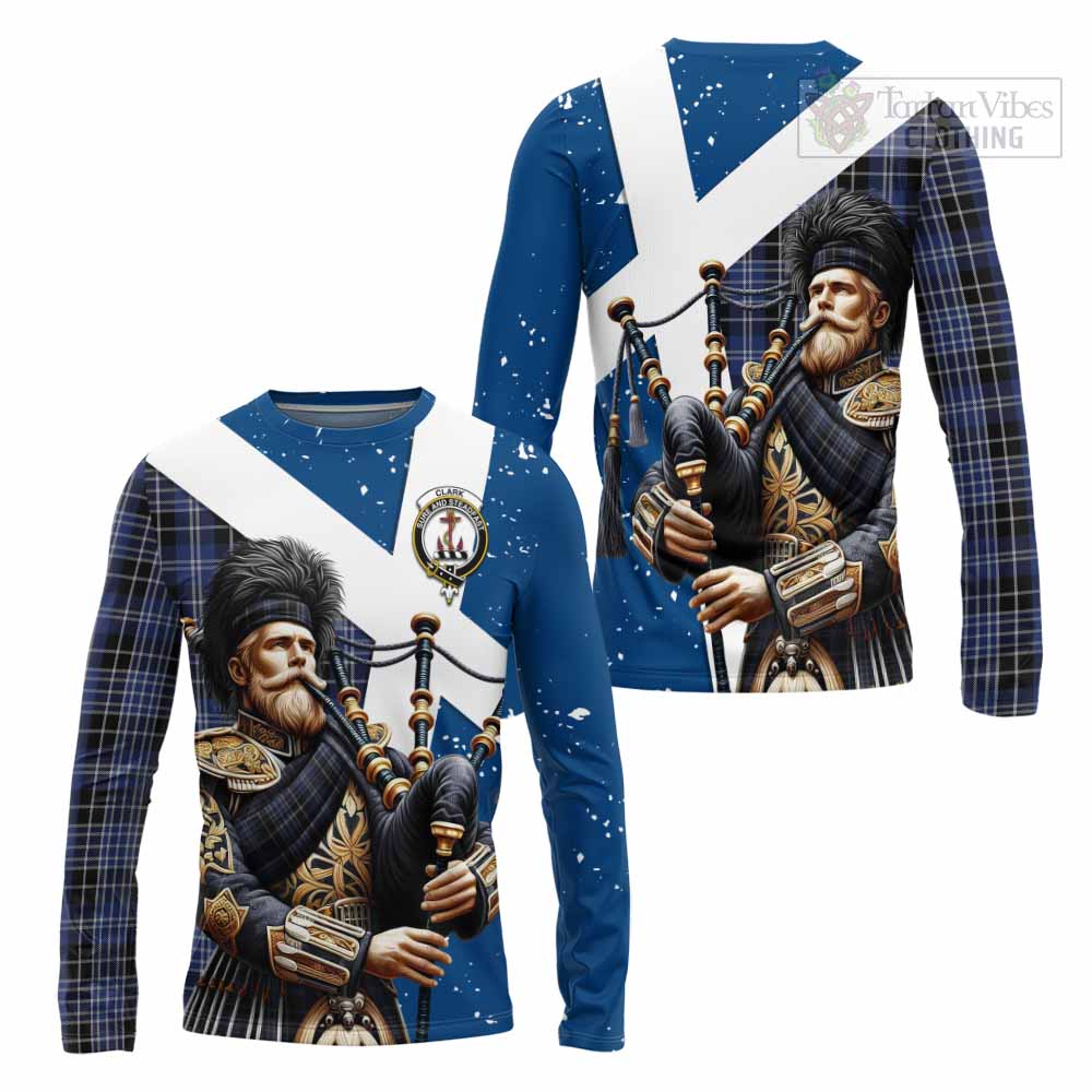 Tartan Vibes Clothing Clark (Clarke) Tartan Long Sleeve T-Shirt with Family Crest Scottish Bagpiper Vibes