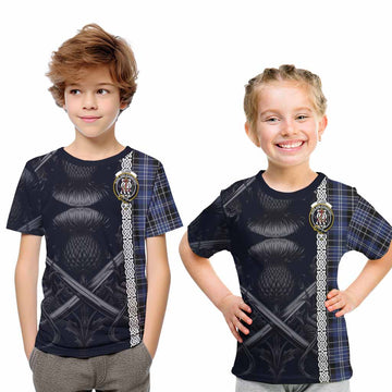 Clark (Clarke) Tartan Kid T-Shirt with Family Crest Cross Sword Thistle Celtic Vibes