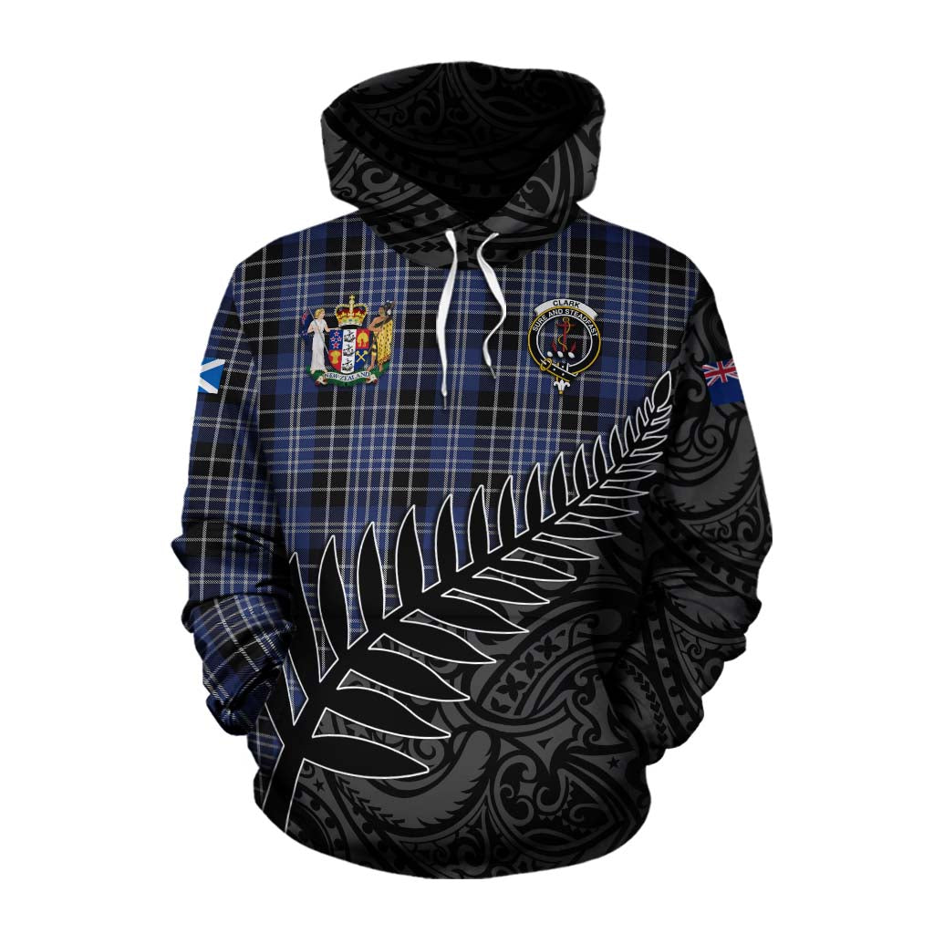 Tartan Vibes Clothing Clark (Clarke) Crest Tartan Cotton Hoodie with New Zealand Silver Fern Half Style