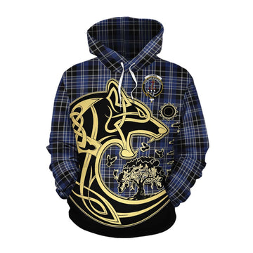 Clark (Clarke) Tartan Cotton Hoodie with Family Crest Celtic Wolf Style