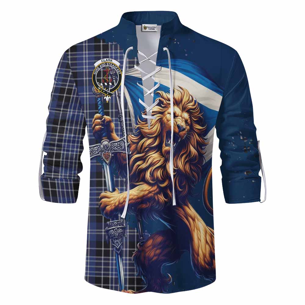 Tartan Vibes Clothing Clark (Clarke) Tartan Family Crest Ghillie Kilt Shirt with Scottish Majestic Lion