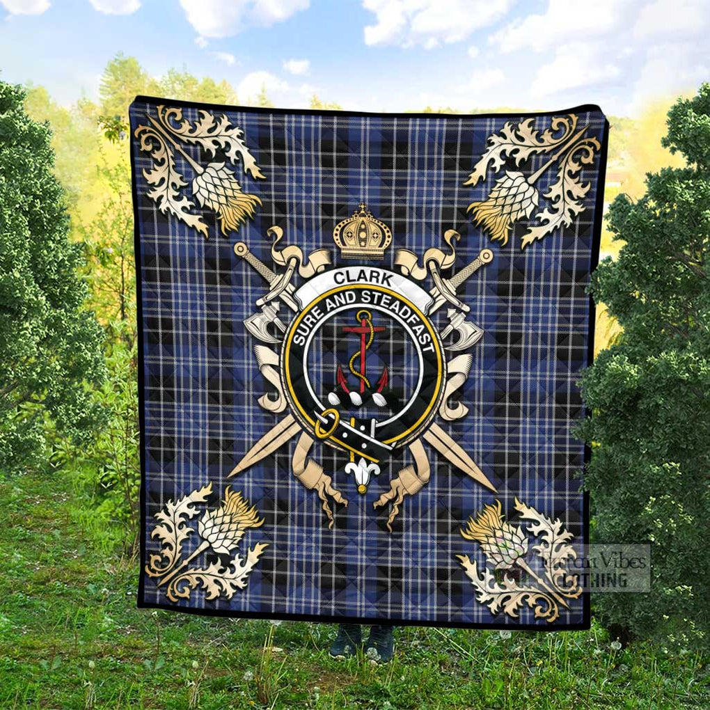 Tartan Vibes Clothing Clark (Clarke) Tartan Quilt with Family Crest and Scottish Golden Courage Shield