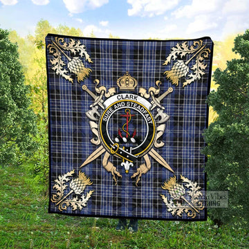 Clark (Clarke) Tartan Quilt with Family Crest and Golden Thistle Crossed Sword Design