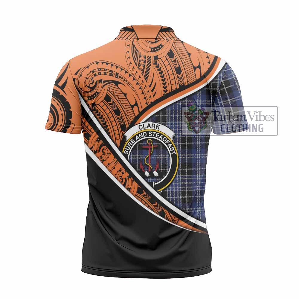 Tartan Vibes Clothing Clark (Clarke) Crest Tartan Zipper Polo Shirt with Maori Tattoo Style - Orange Version