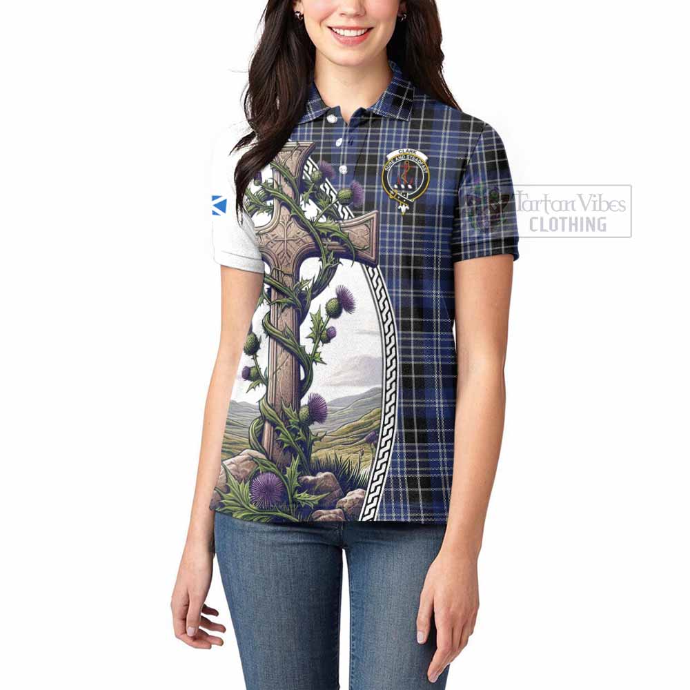 Tartan Vibes Clothing Clark (Clarke) Tartan Women's Polo Shirt with Family Crest and St. Andrew's Cross Accented by Thistle Vines