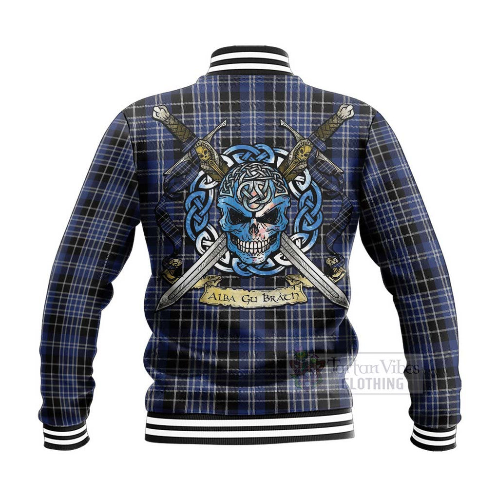 Tartan Vibes Clothing Clark (Clarke) Tartan Baseball Jacket with Family Crest Celtic Skull Style