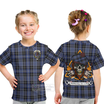 Clark (Clarke) Tartan Kid T-Shirt with Family Crest and Bearded Skull Holding Bottles of Whiskey