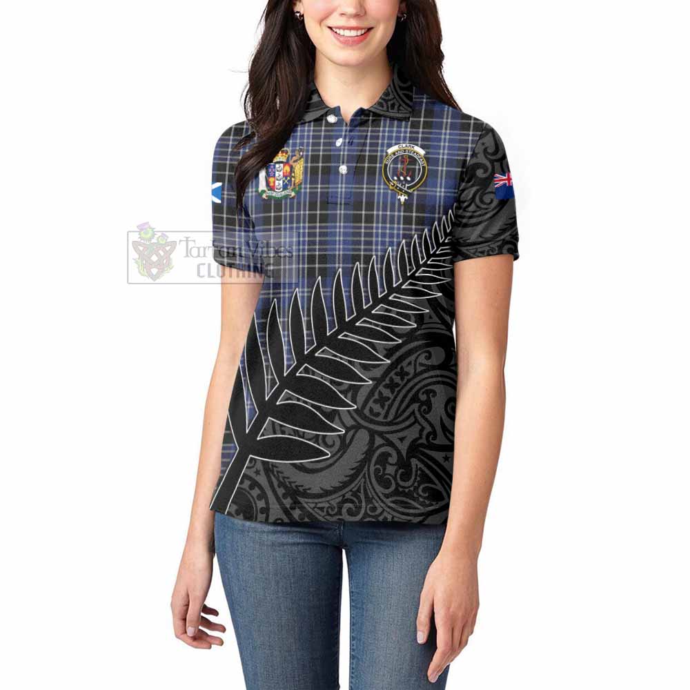 Tartan Vibes Clothing Clark (Clarke) Crest Tartan Women's Polo Shirt with New Zealand Silver Fern Half Style