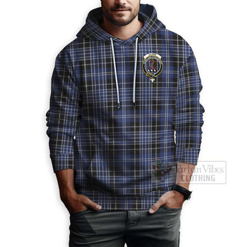 Clark (Clarke) Tartan Hoodie with Family Crest and Bearded Skull Holding Bottles of Whiskey