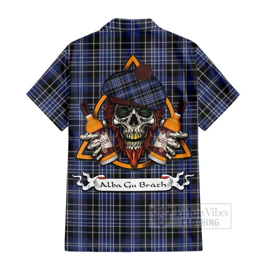 Tartan Vibes Clothing Clark (Clarke) Tartan Short Sleeve Button Shirt with Family Crest and Bearded Skull Holding Bottles of Whiskey