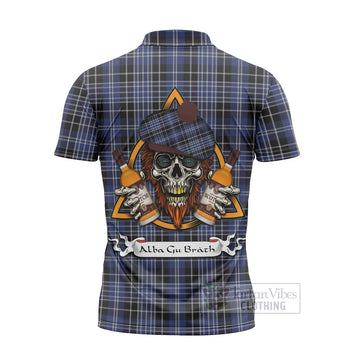 Clark (Clarke) Tartan Zipper Polo Shirt with Family Crest and Bearded Skull Holding Bottles of Whiskey