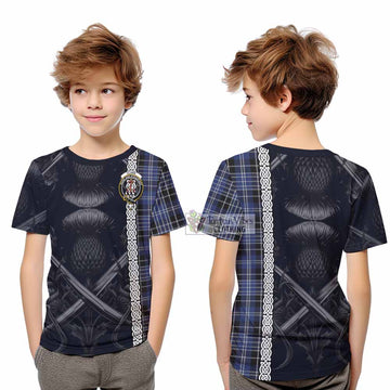 Clark (Clarke) Tartan Kid T-Shirt with Family Crest Cross Sword Thistle Celtic Vibes