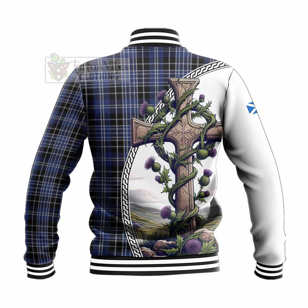 Tartan Vibes Clothing Clark (Clarke) Tartan Baseball Jacket with Family Crest and St. Andrew's Cross Accented by Thistle Vines