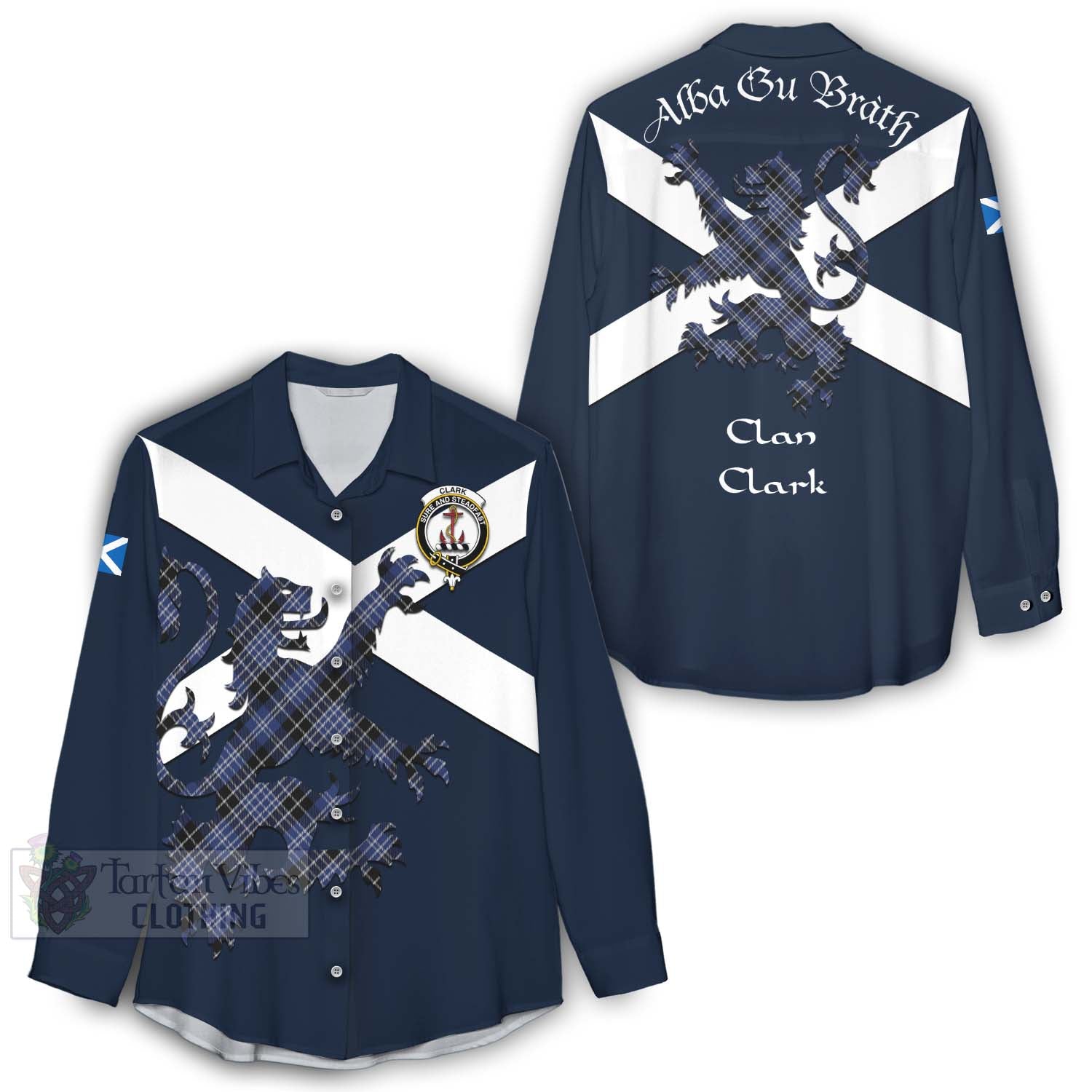 Tartan Vibes Clothing Clark (Clarke) Tartan Lion Rampant Women's Casual Shirt Proudly Display Your Heritage with Alba Gu Brath and Clan Name