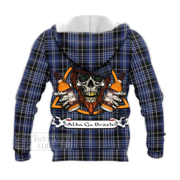 Clark (Clarke) Tartan Knitted Hoodie with Family Crest and Bearded Skull Holding Bottles of Whiskey