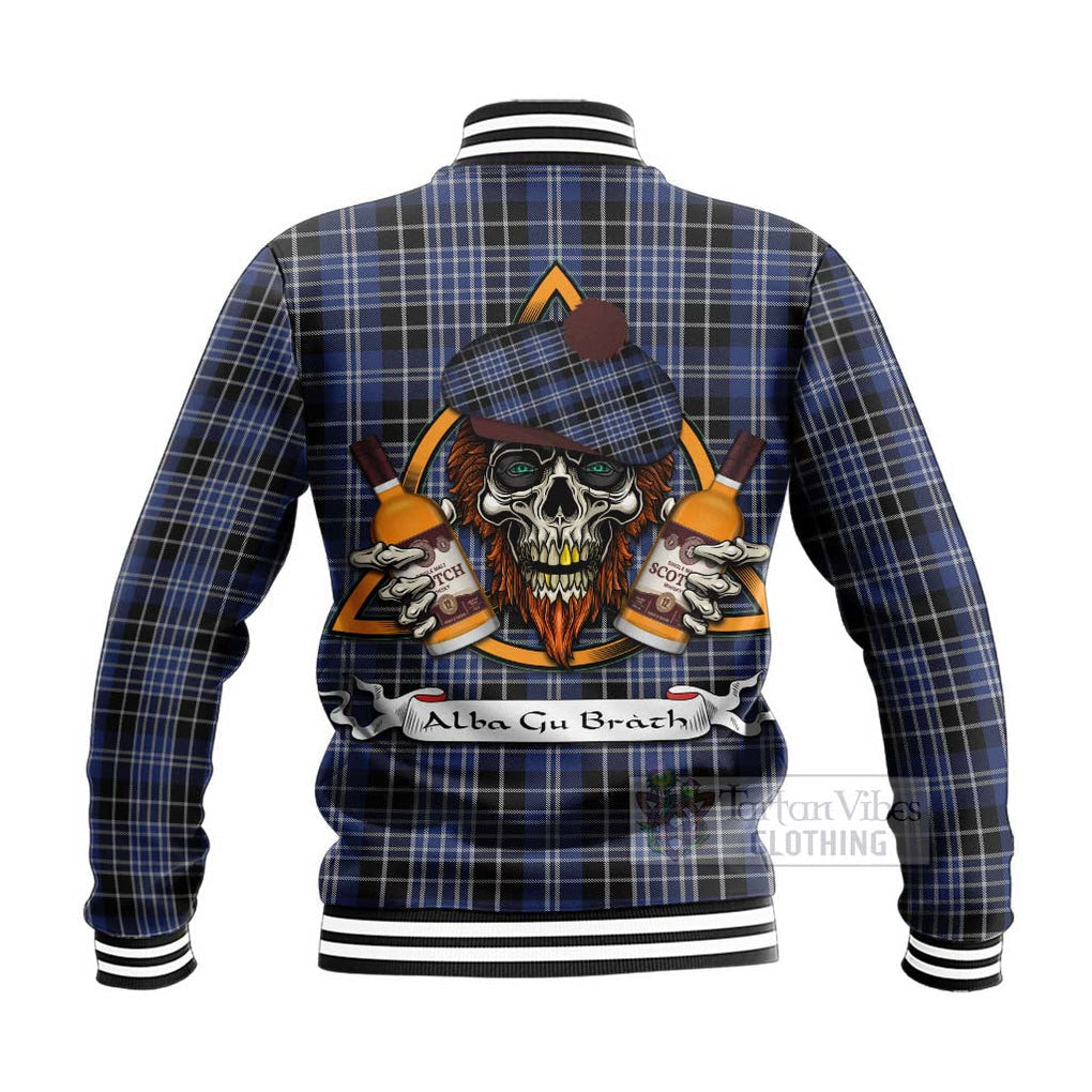 Tartan Vibes Clothing Clark (Clarke) Tartan Baseball Jacket with Family Crest and Bearded Skull Holding Bottles of Whiskey