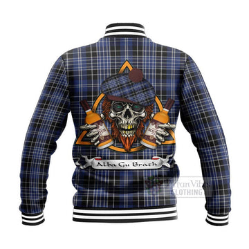 Clark (Clarke) Tartan Baseball Jacket with Family Crest and Bearded Skull Holding Bottles of Whiskey