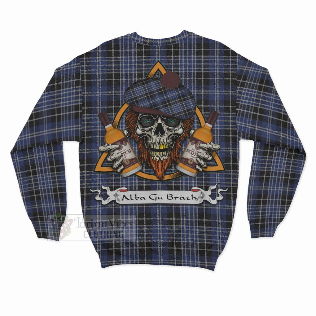 Tartan Vibes Clothing Clark (Clarke) Tartan Sweatshirt with Family Crest and Bearded Skull Holding Bottles of Whiskey