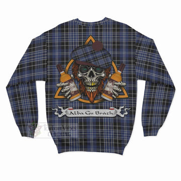 Clark (Clarke) Tartan Sweatshirt with Family Crest and Bearded Skull Holding Bottles of Whiskey