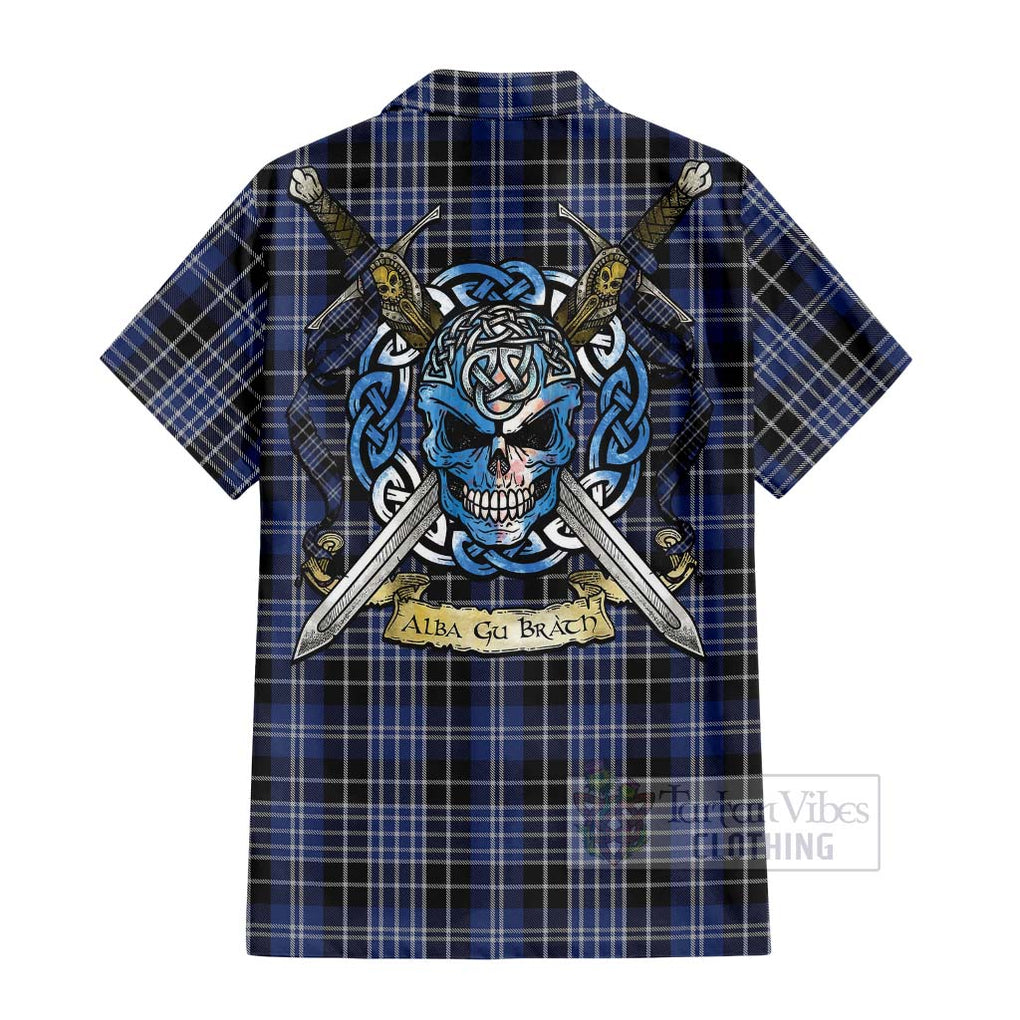 Tartan Vibes Clothing Clark (Clarke) Tartan Short Sleeve Button Shirt with Family Crest Celtic Skull Style