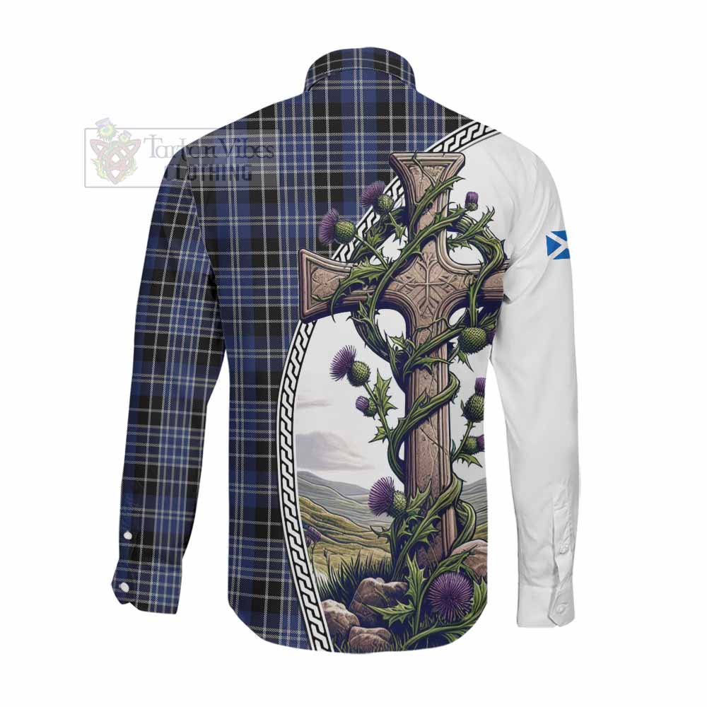 Tartan Vibes Clothing Clark (Clarke) Tartan Long Sleeve Button Shirt with Family Crest and St. Andrew's Cross Accented by Thistle Vines