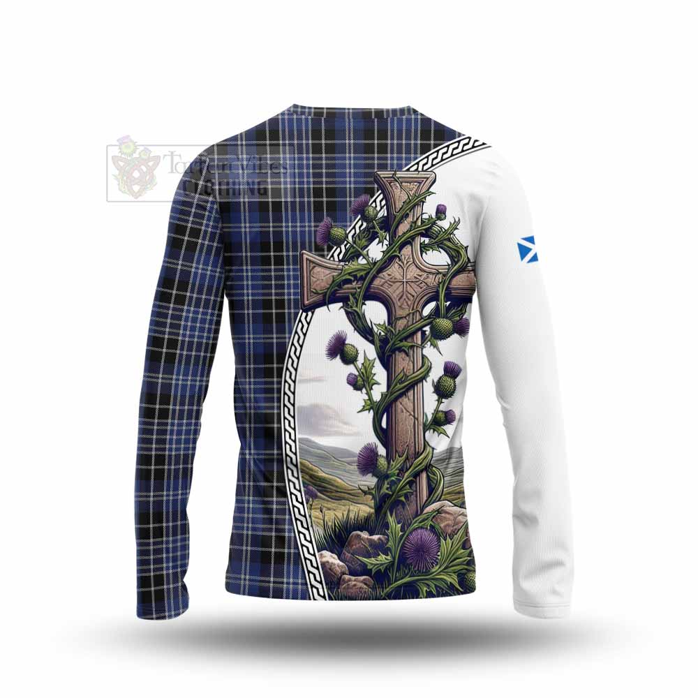 Tartan Vibes Clothing Clark (Clarke) Tartan Long Sleeve T-Shirt with Family Crest and St. Andrew's Cross Accented by Thistle Vines