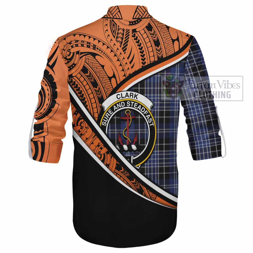 Tartan Vibes Clothing Clark (Clarke) Crest Tartan Ghillie Kilt Shirt with Maori Tattoo Style - Orange Version