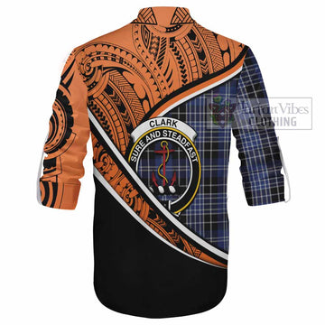 Clark (Clarke) Crest Tartan Ghillie Kilt Shirt with Polynesian Vibes Style - Orange Version