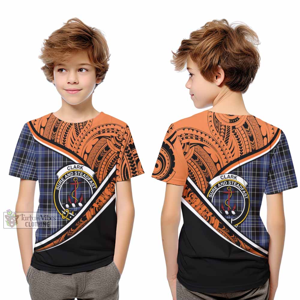 Tartan Vibes Clothing Clark (Clarke) Crest Tartan Kid T-Shirt with Maori Tattoo Style - Orange Version