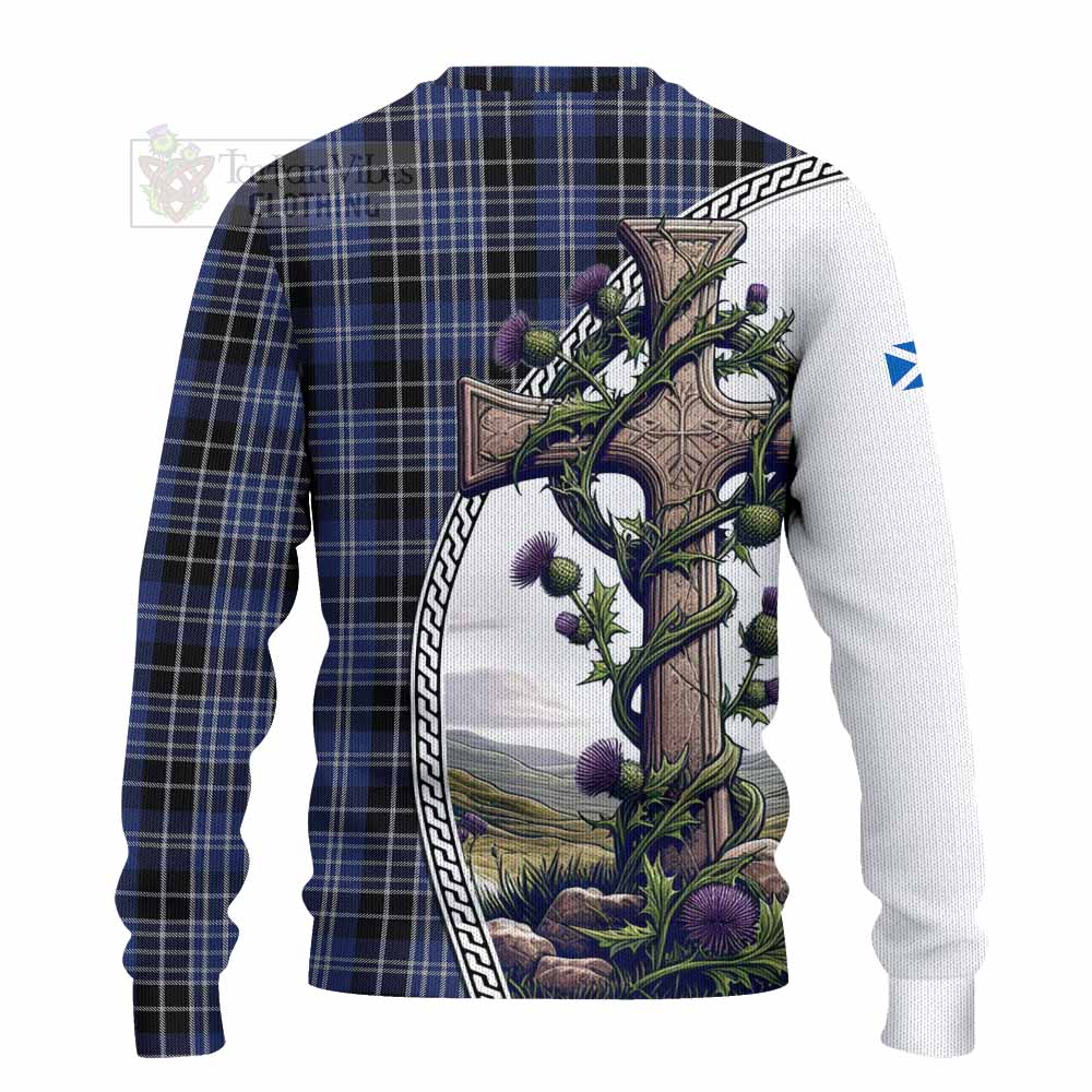 Tartan Vibes Clothing Clark (Clarke) Tartan Knitted Sweater with Family Crest and St. Andrew's Cross Accented by Thistle Vines