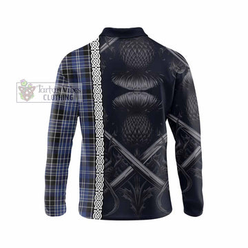 Clark (Clarke) Tartan Long Sleeve Polo Shirt with Family Crest Cross Sword Thistle Celtic Vibes