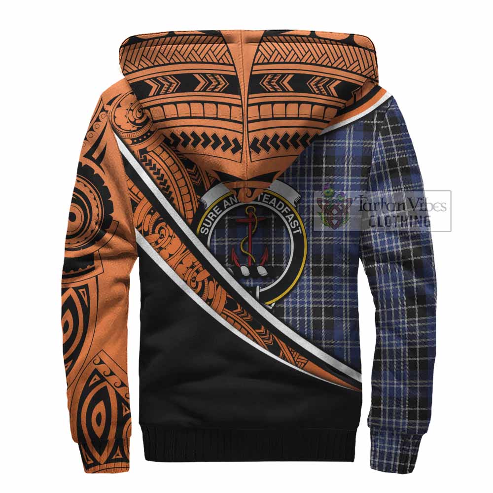 Tartan Vibes Clothing Clark (Clarke) Crest Tartan Sherpa Hoodie with Maori Tattoo Style - Orange Version