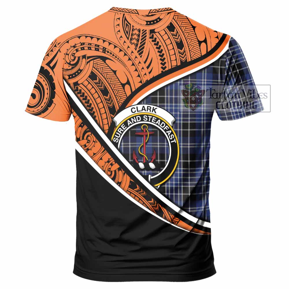 Tartan Vibes Clothing Clark (Clarke) Crest Tartan T-Shirt with Maori Tattoo Style - Orange Version