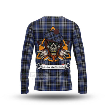 Clark (Clarke) Tartan Long Sleeve T-Shirt with Family Crest and Bearded Skull Holding Bottles of Whiskey